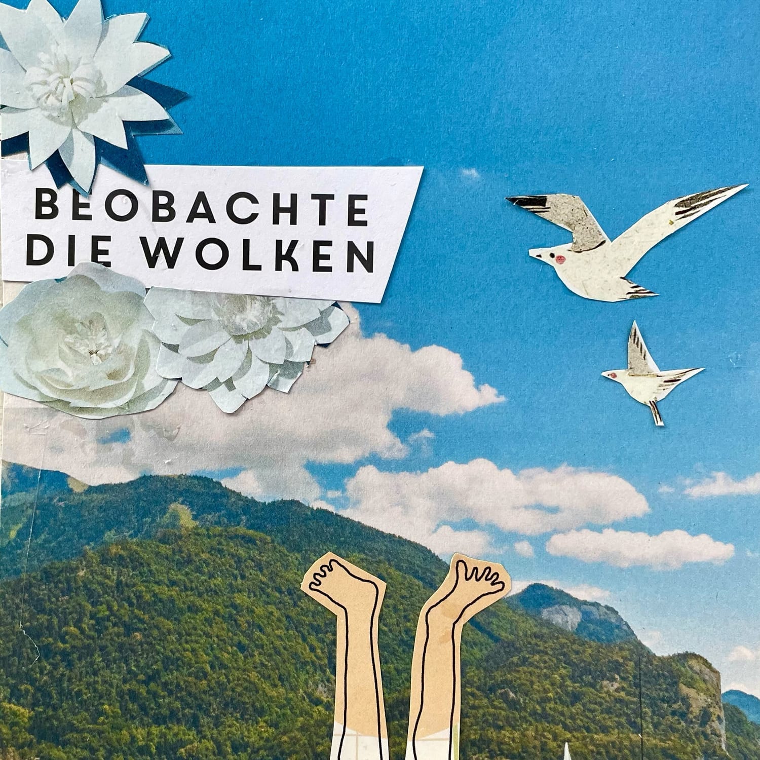 Collage als Synonym für ein Visionboard Workshop. Blauer Himel mit Möwen und wolken als sinnbild für Tagträumen