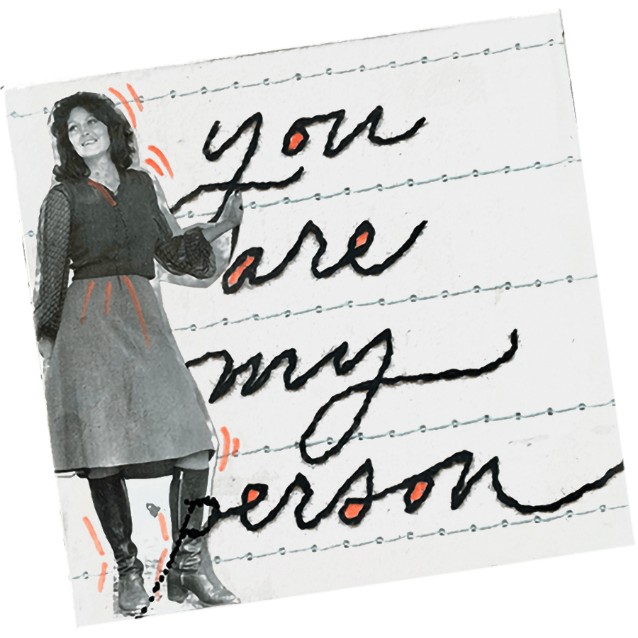 Bild einer Collage auf einem Holzbrettchen. Abgebildet ist eine Frau in Vintage Kleidung und der Spruch "you are my person"