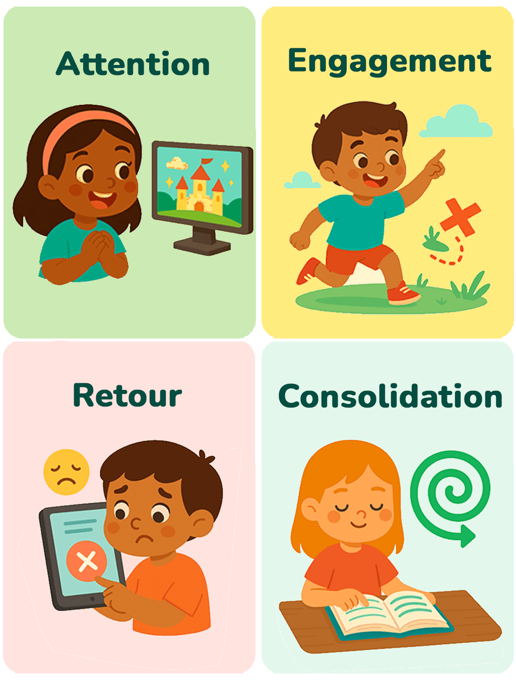 Pédagogie EMOLIA basée sur les quatre piliers de l’apprentissage — attention, engagement actif, retour sur erreur et consolidation — pour favoriser les apprentissages émotionnels des enfants.