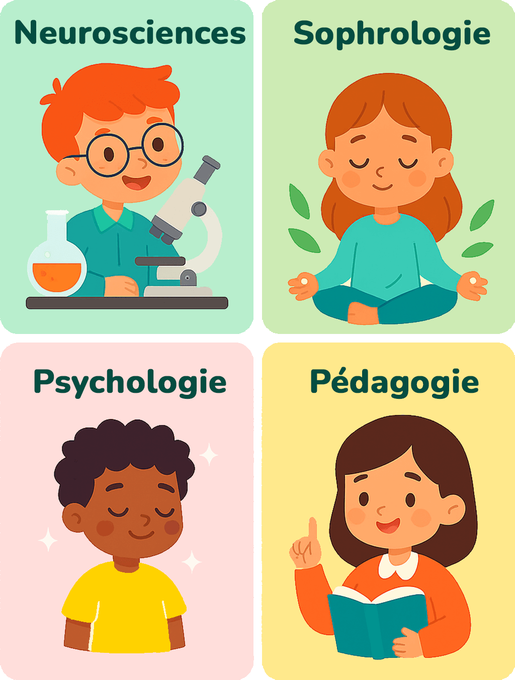 Fondations du programme EMOLIA basées sur les neurosciences, la sophrologie, la psychologie et la pédagogie pour développer les compétences émotionnelles des enfants.