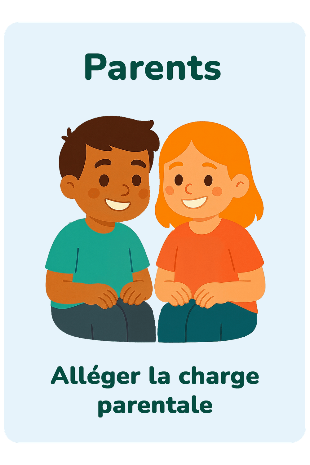 Illustration de deux parents assis côte à côte, souriants, avec le texte « Parents – Alléger la charge parentale », sur fond bleu clair.