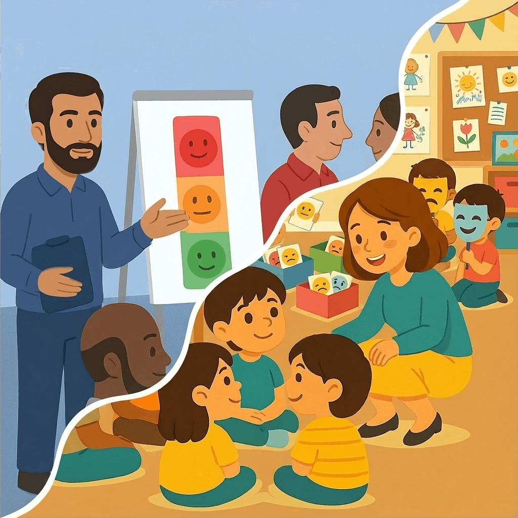 Atelier EMOLIA parents-enfants combinant activités séparées et temps commun pour renforcer les apprentissages émotionnels et les liens familiaux.