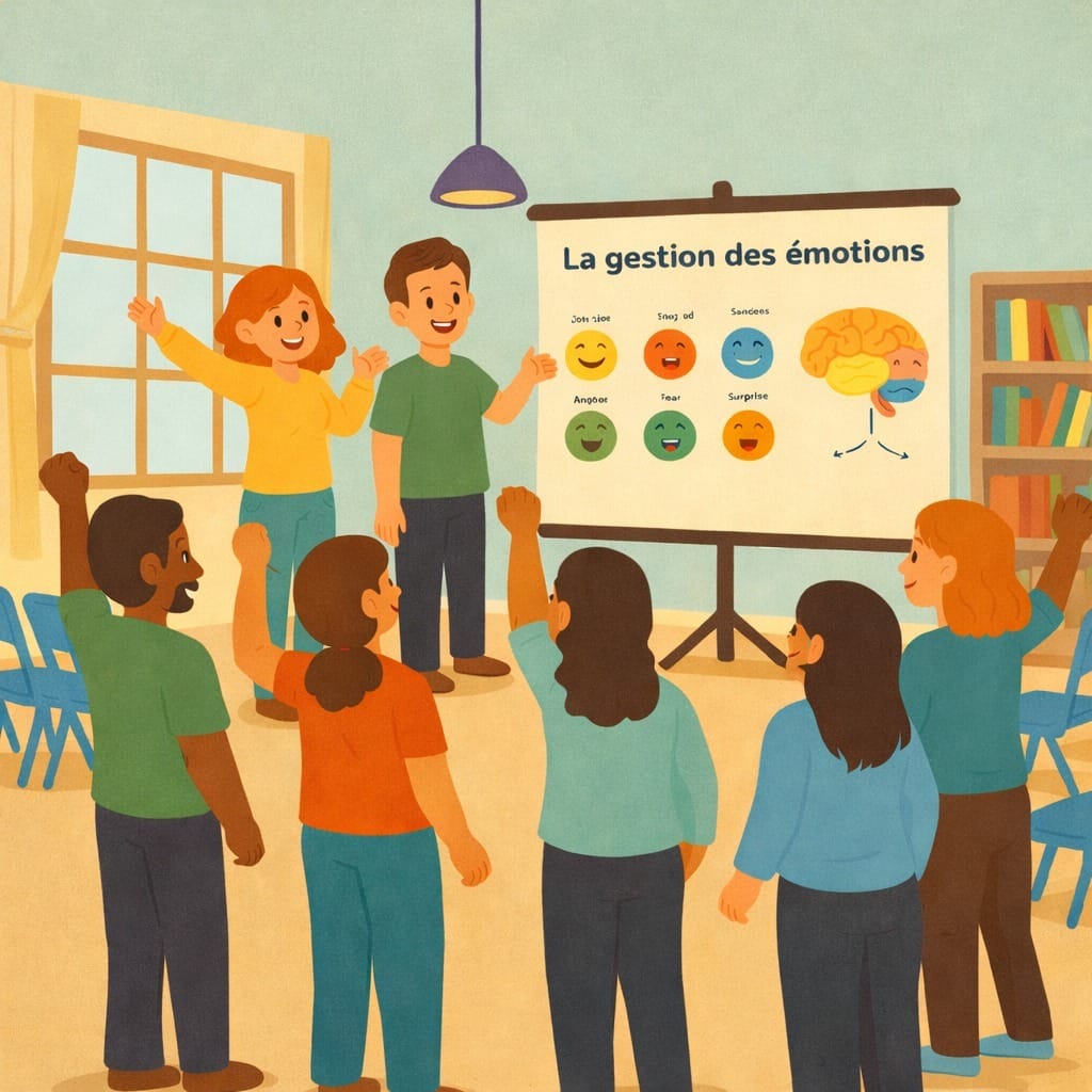 Formation EMOLIA en intelligence émotionnelle pour adultes, avec atelier collectif ludique autour de la gestion des émotions et des compétences relationnelles.