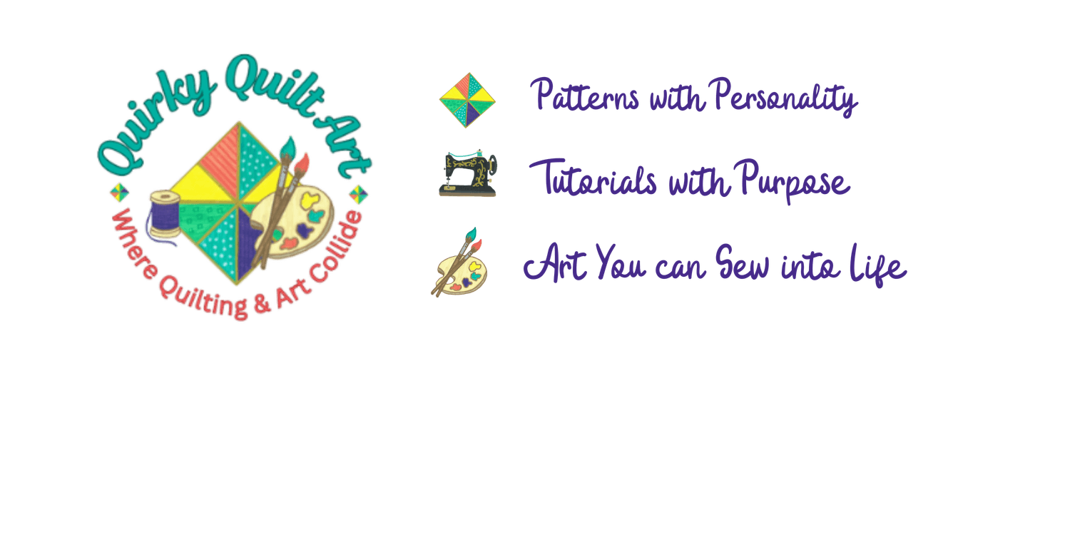 Quirky Quilt Art logo – handmade teal, coral and gold design symbolising quilting and creativity by sisters Elaine and Marlene.