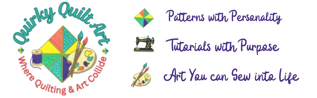 Quirky Quilt Art hand-painted logo — colourful artistic branding for digital quilt patterns, fabric designs, and textile art