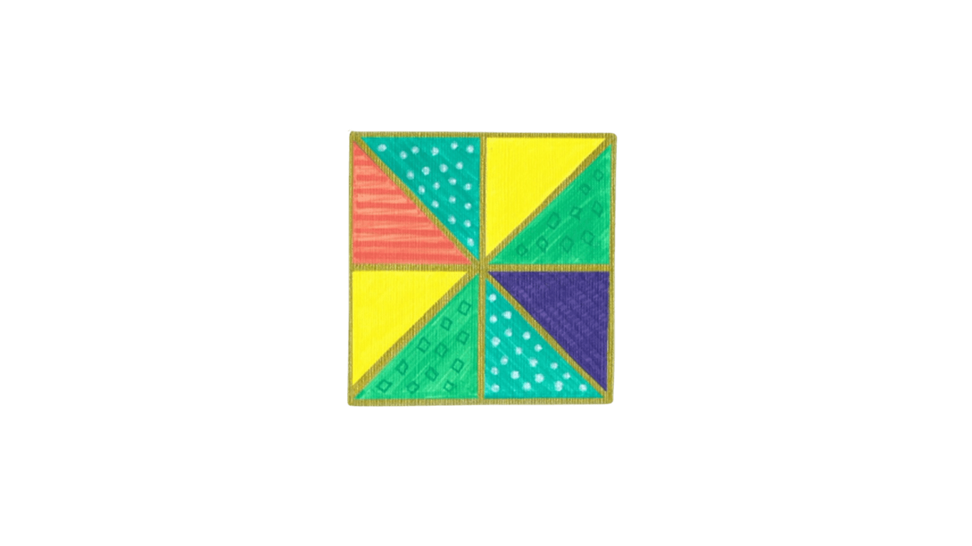 hand-painted colourful quilt pinwheel block by Quirky Quilt Art