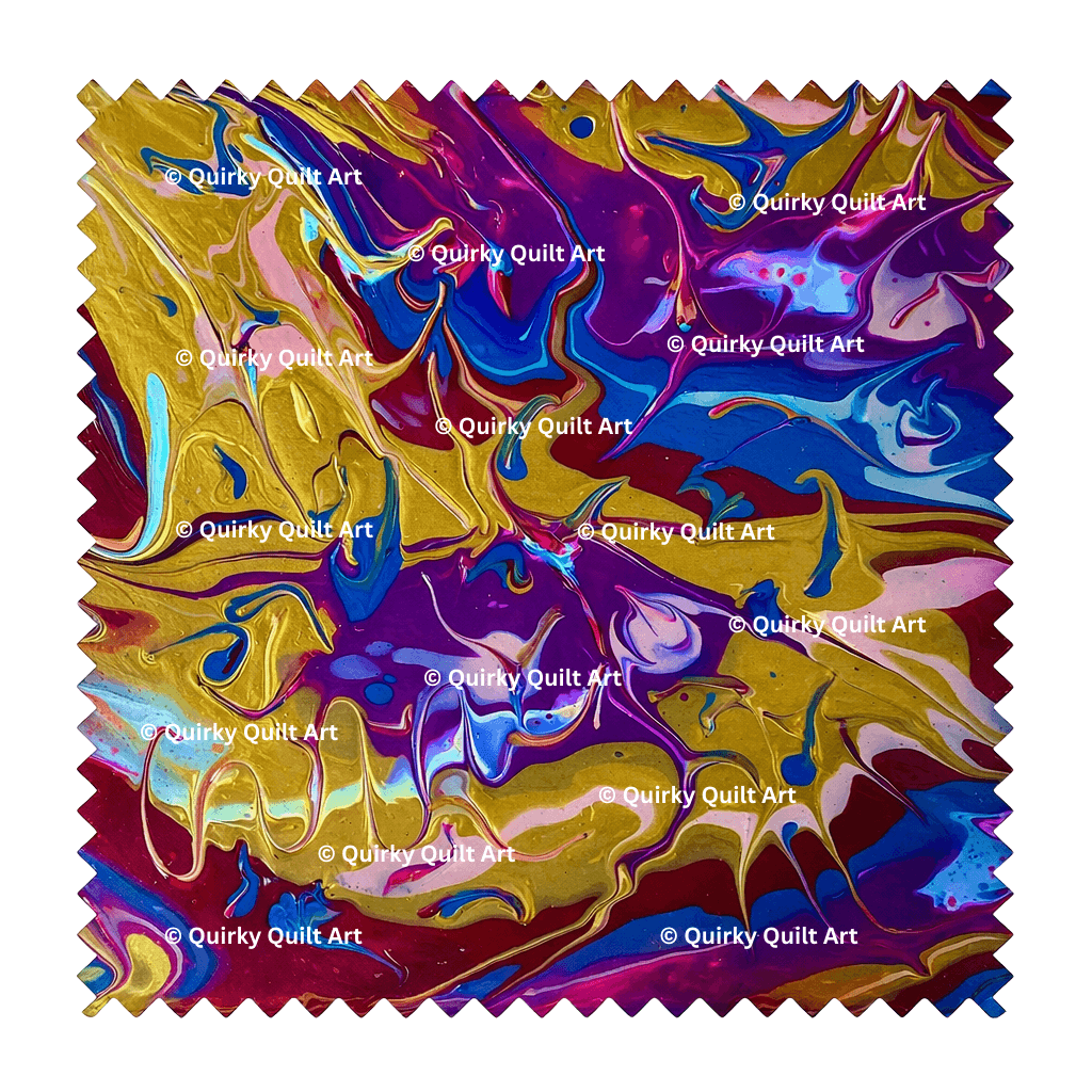 Abstract fabric print featuring layered colour, organic movement, and textured detail, designed by Quirky Quilt Art.