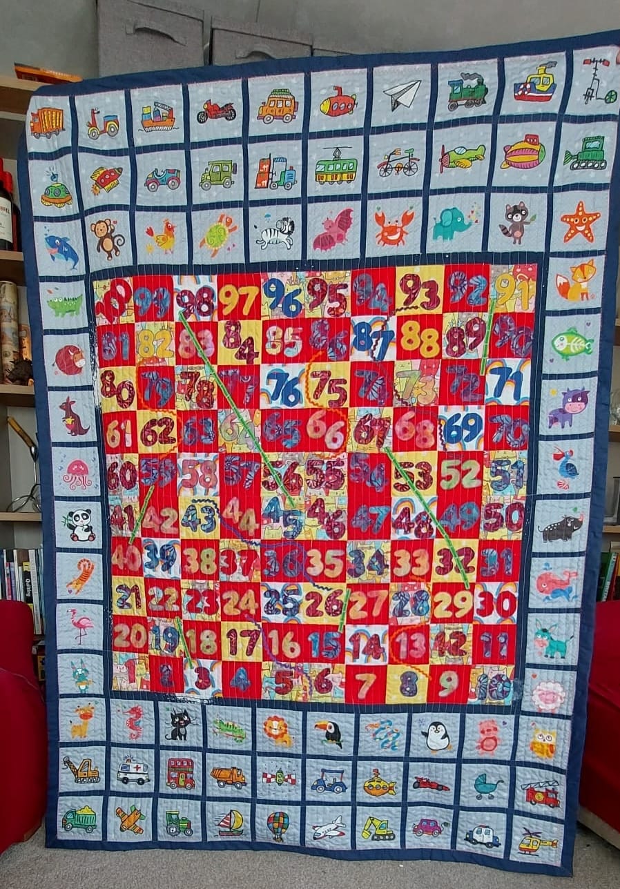 Patchwork quilt combining different fabrics, patterns, and colours, stitched into a unified design, created by Quirky Quilt Art