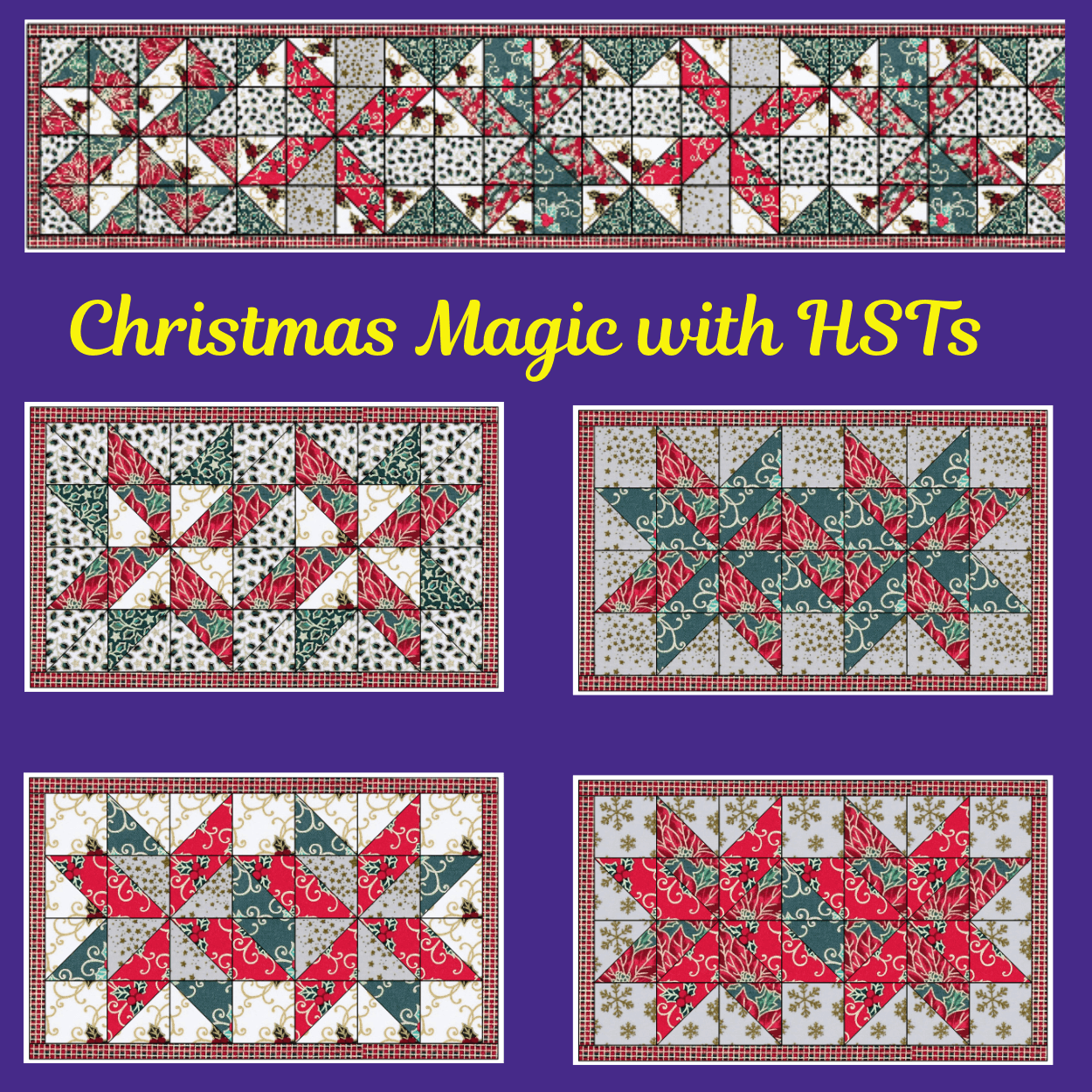 Christmas table runner and place mats featuring green mistletoe leaves and festive red and white candy stripes, perfect for holiday dining décor, created by Quirky Quilt Art