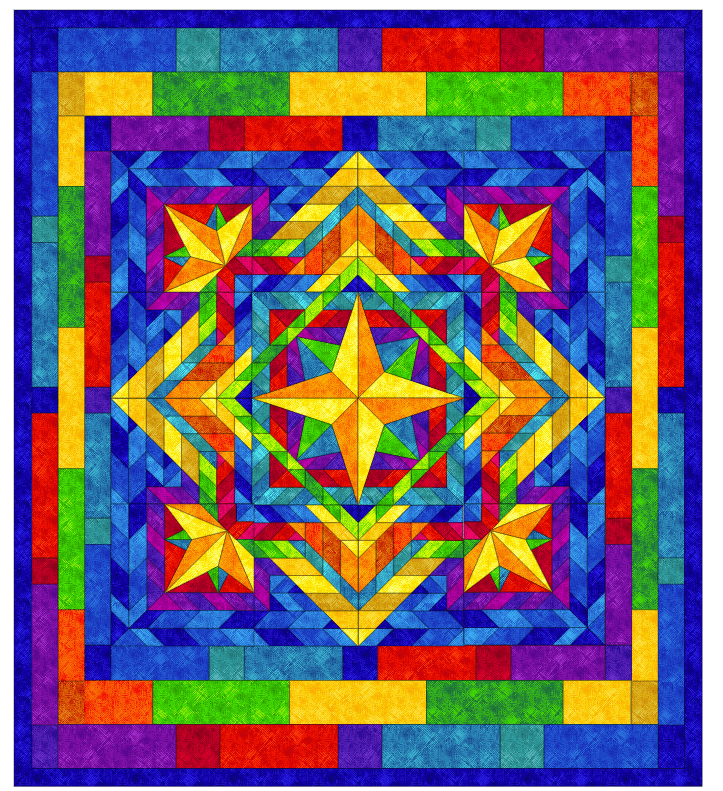 Timeless Iridescence is an advanced modern geometric mandala star style quilt pattern with vibrant colours