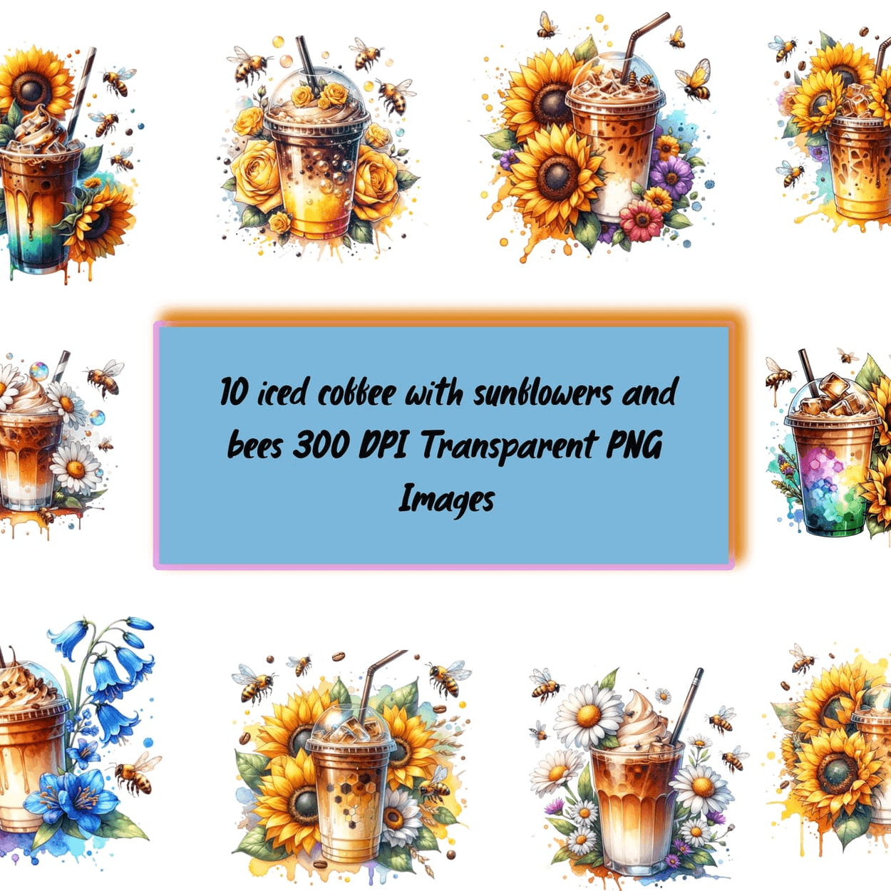 Iced Coffee With Sunflowers And Bees Clipart Bundle