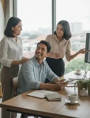 A diverse team of professionals in a modern office engaged in a positive, collaborative discussion, demonstrating emotional intelligence in the workplace.