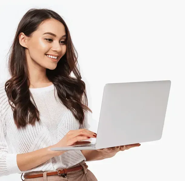 Virtual assistant holding laptop