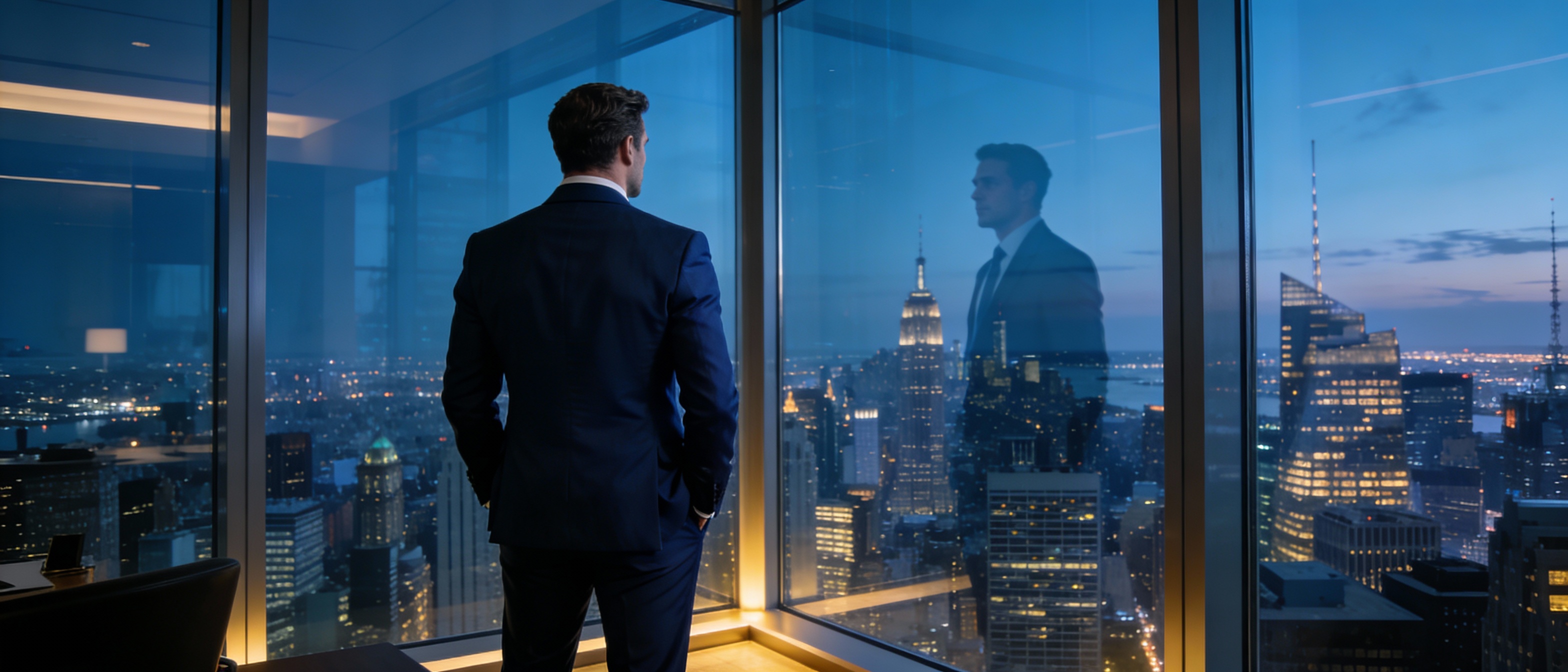 Imprenditore di successo che guarda lo skyline della città, simbolo di visione imprenditoriale e mindset vincente nel network marketing Gmatic.