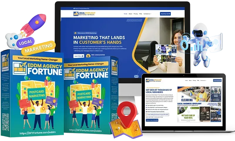 โEDDM Agency Fortune complete business kit showing direct mail postcard templates, WordPress agency site, and USPS Every Door Direct Mail strategy for helping U.S. local businesses growโ