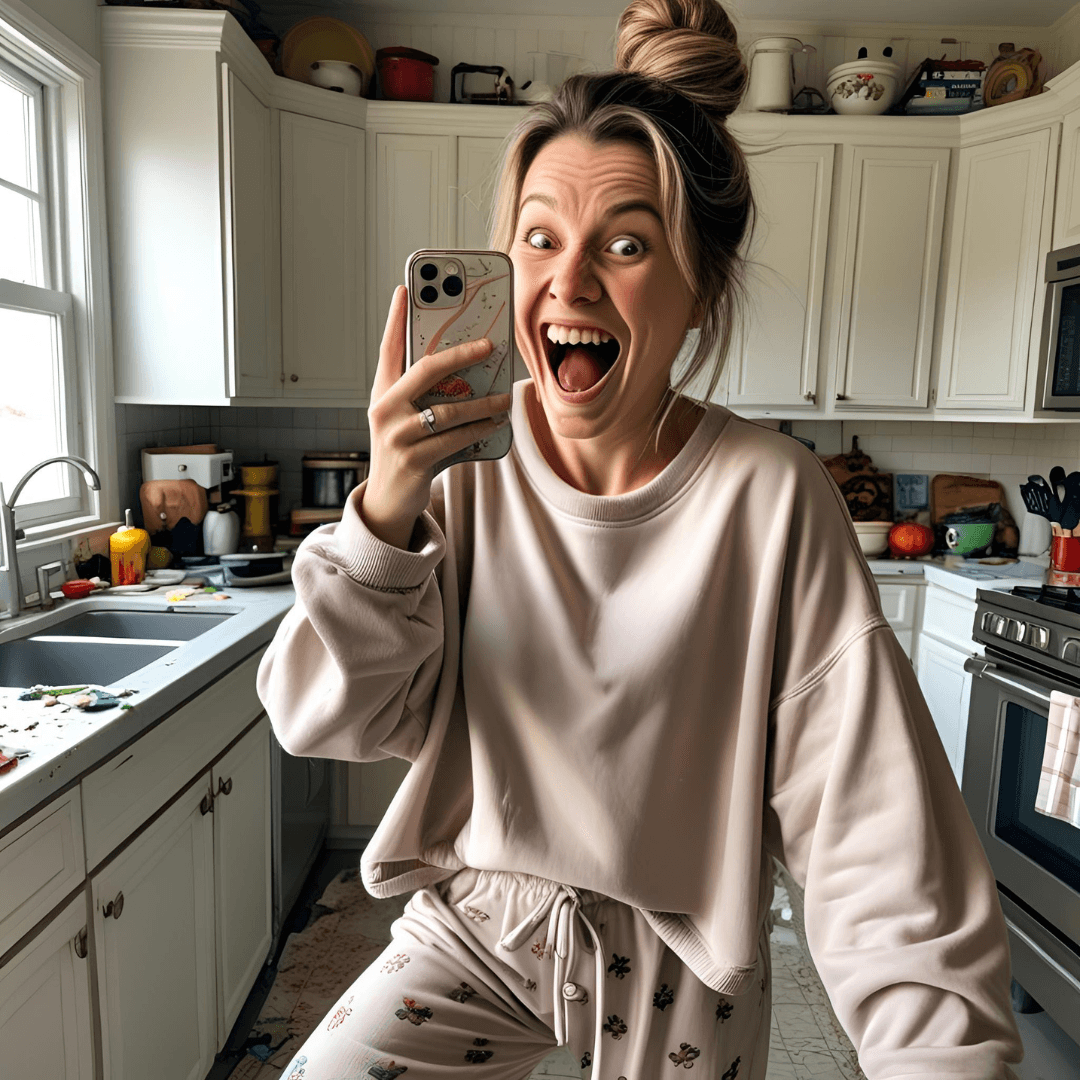 Mom taking a selfie in the kitchen wearing pajama pants and a large sweatshirt
