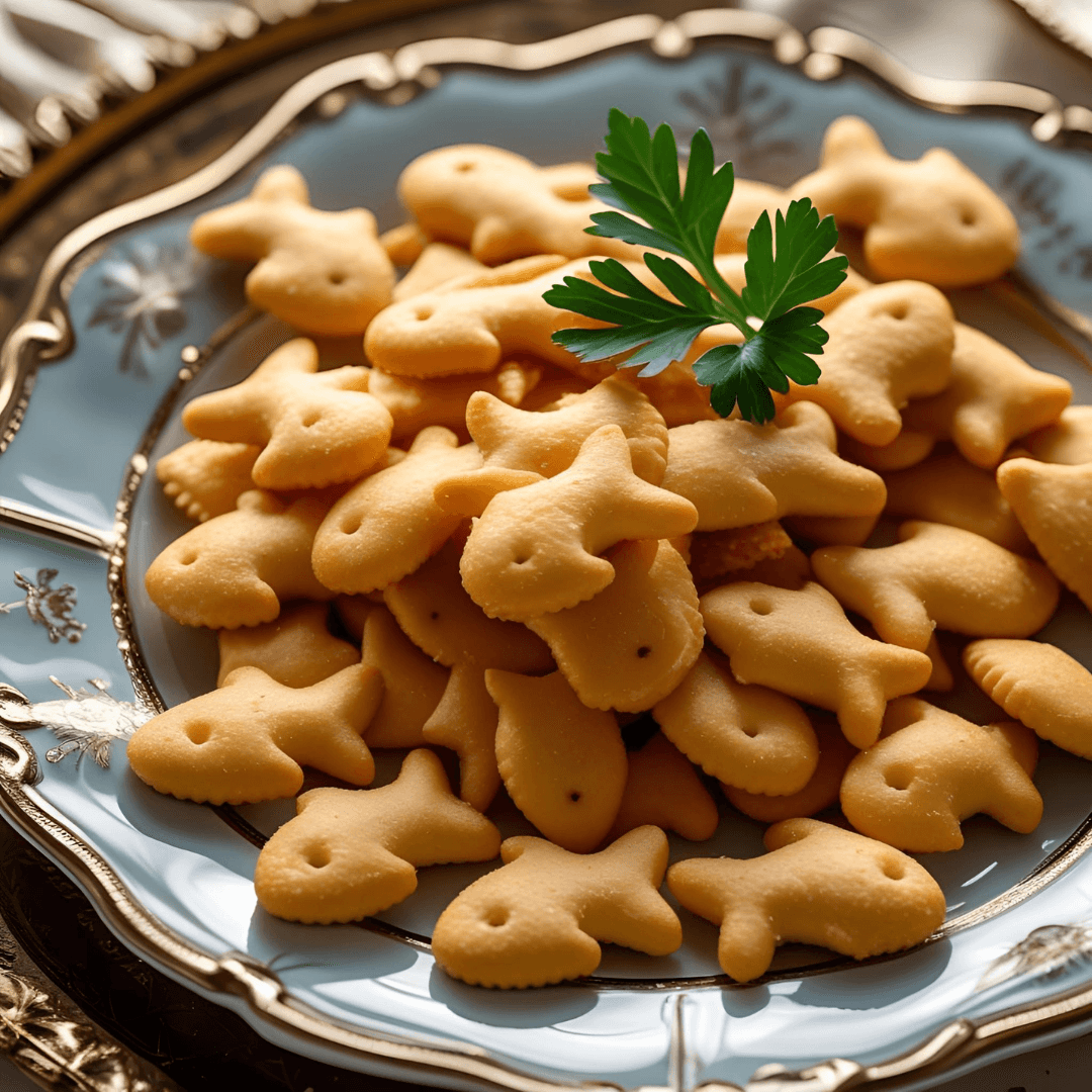 Plate of goldfish crackers with a sprig of parsley