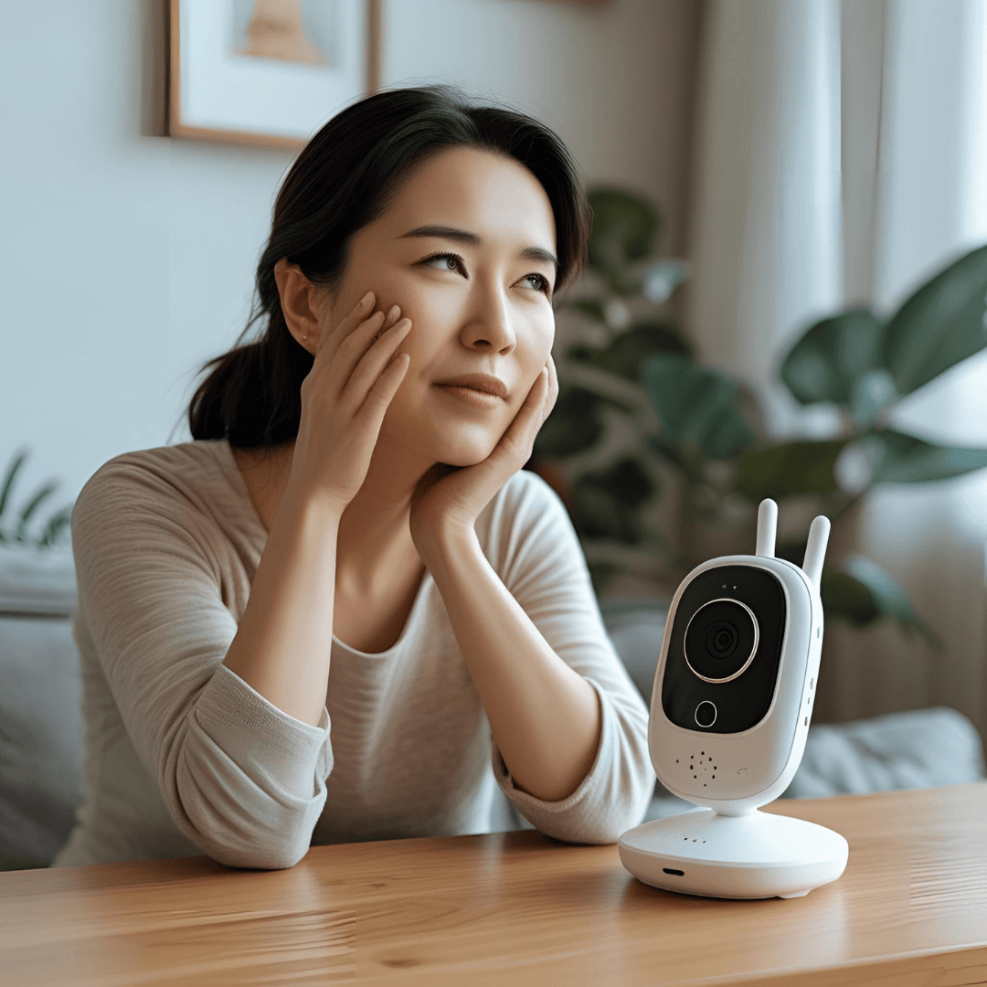 Mom taking a moment to breathe and relax sitting next to a baby monitor
