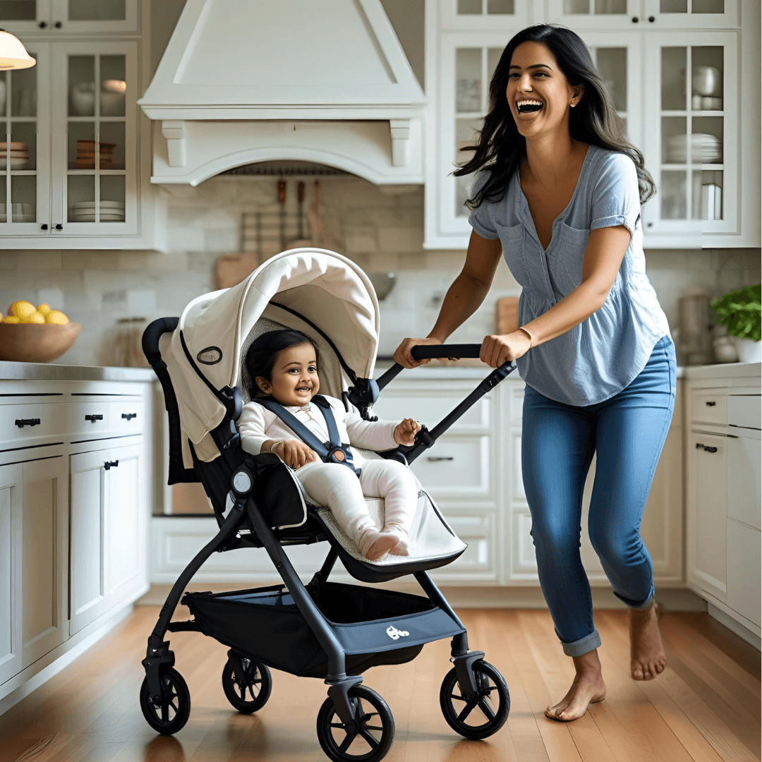 Mom pushing a stroller in the kitchen having fun to relieve stress