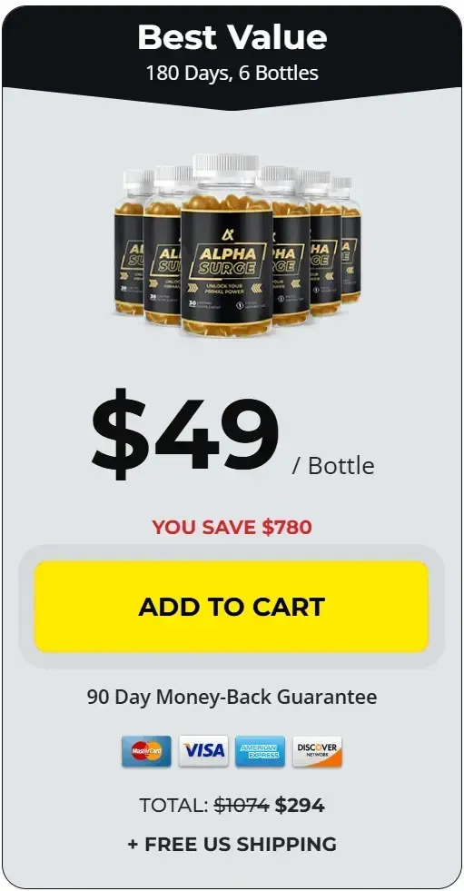 Alpha Surge 6-bottle package deal at $49 per bottle with free shipping – best value