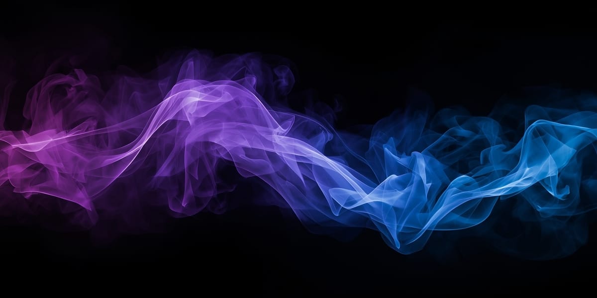 purple and blue smoke swirls rising on black background, mystical, elegant