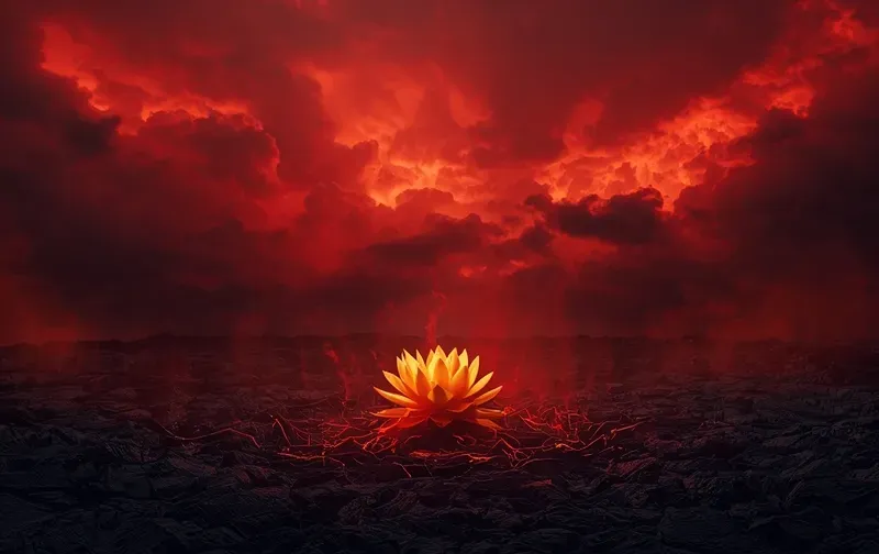 dark crimson storm clouds over black volcanic rock, embers and red smoke swirling, a gold lotus burning bright at the center, fierce, cinematic