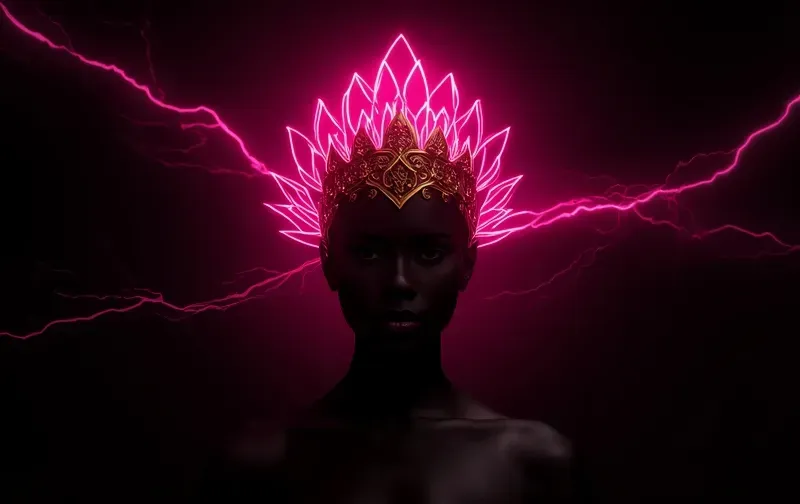 bold black background with hot pink neon glow, gold lightning accents, a fierce gold lotus crowned in pink light, unapologetic, high-fashion, cinematic