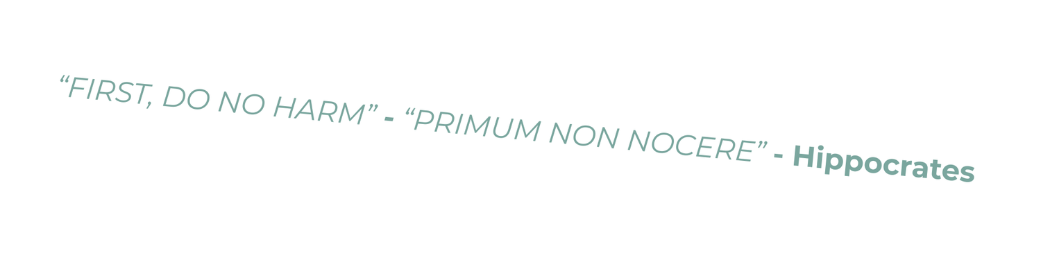 Medical ethical maxim "First, do no harm" and its Latin version "Primum non nocere" attributed to Hippocrates, presented in elegant typography on a minimalist background.