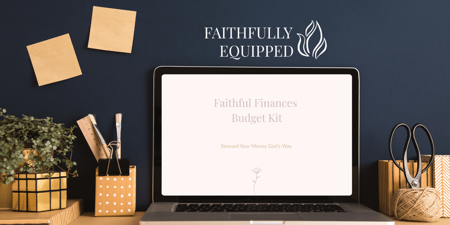 Mockup of the Faithful Finances Budget Kit, featuring printable planning pages and an editable digital budget spreadsheet designed for faith-led women who want to steward their finances with peace and purpose.