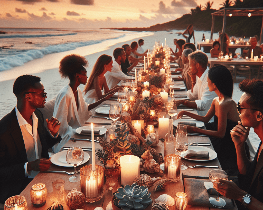 Elegant group dining experience on the beach with ocean in background at sunset