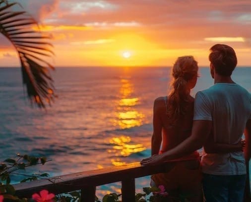 Couple on balcony at sunset overlooking the ocean