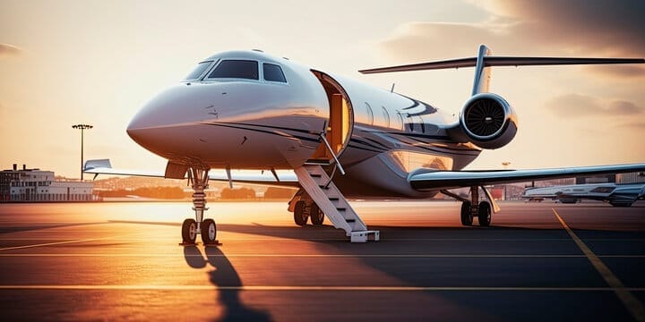 Exterior of a sleek private jet on the tarmac at sunrise