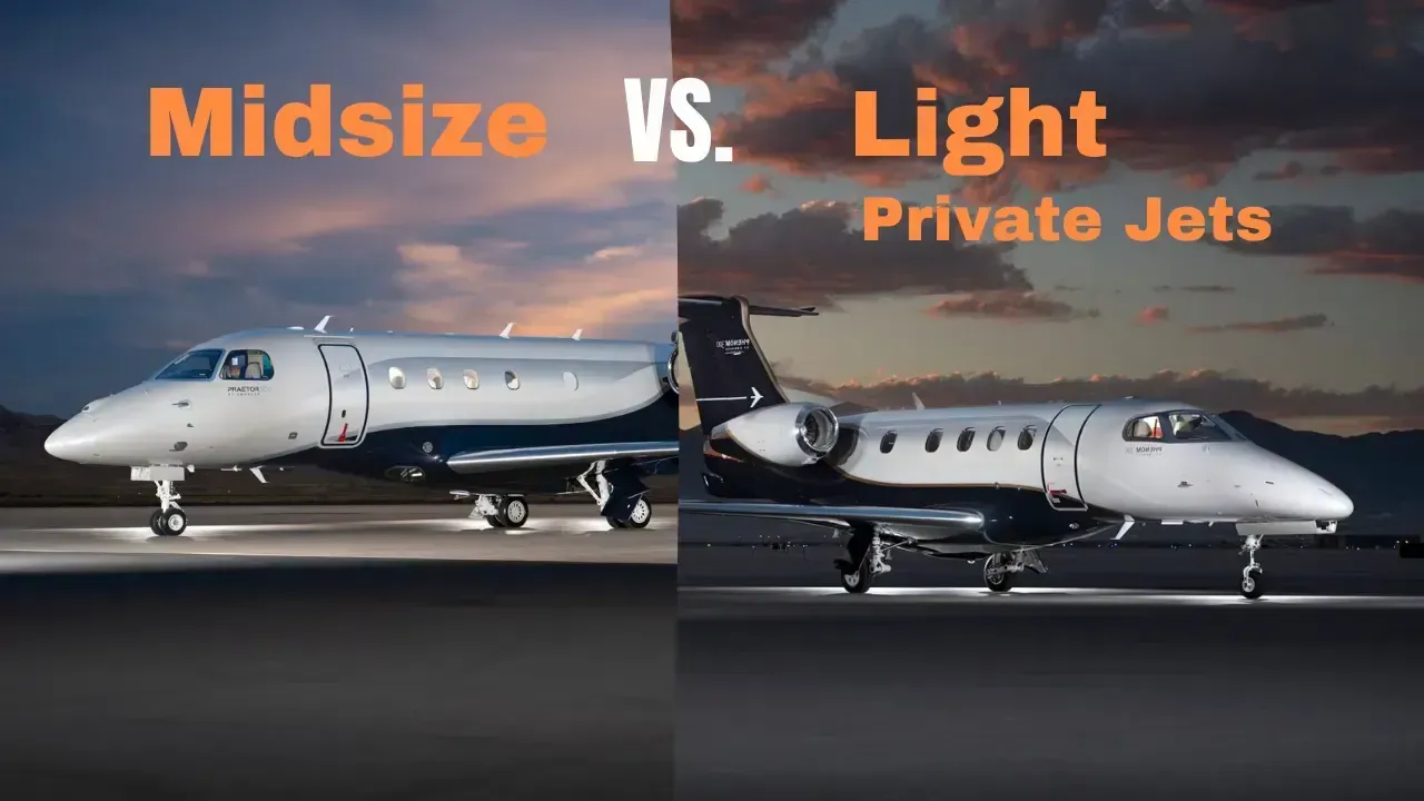 Midsize vs Light private jet comparison photo on tarmac at night