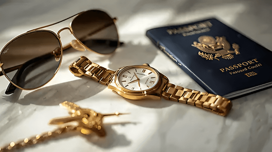 Flat-lay of Travel Documents, Sunglasses, and Gold Watch