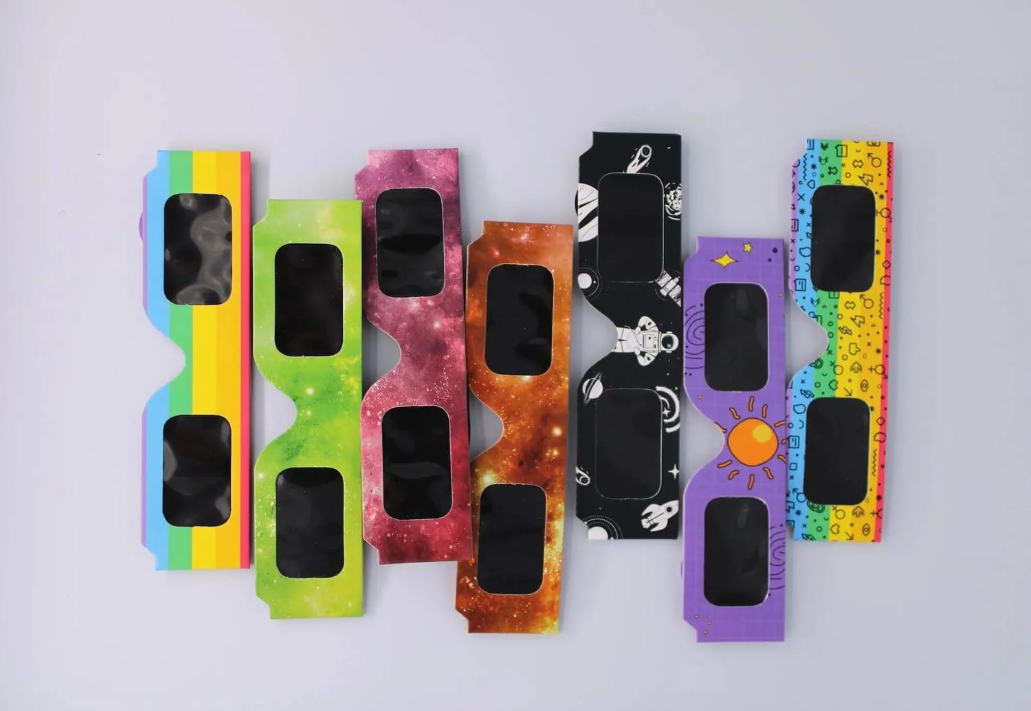 Flat lay of certified solar eclipse glasses used for safe viewing of the Iceland total solar eclipse