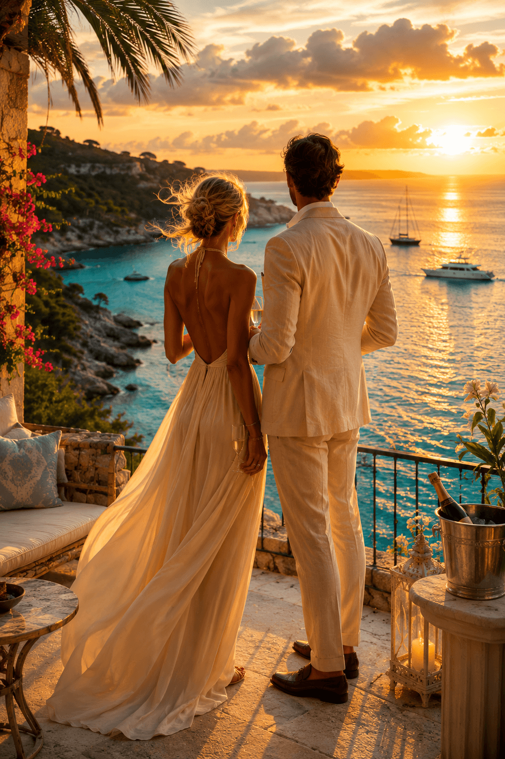 Couple on balcony at sunset overlooking the ocean