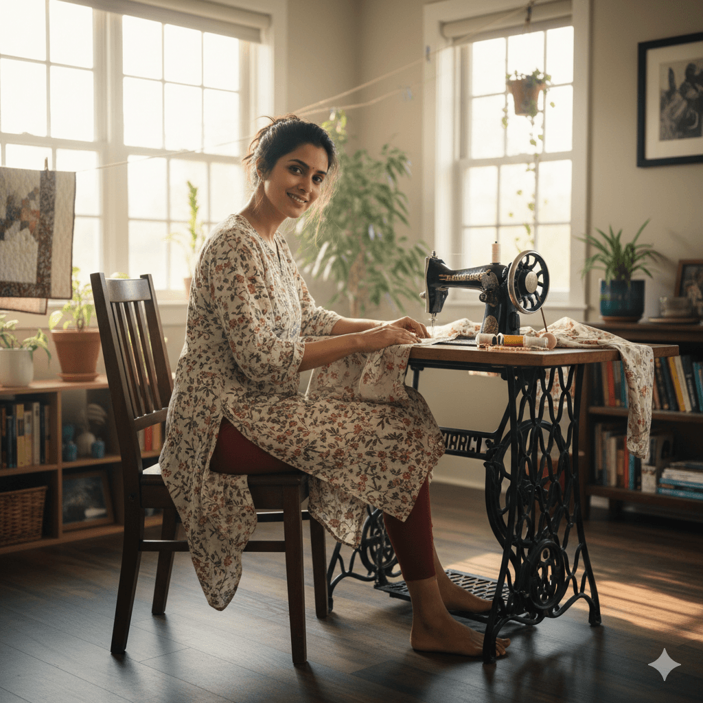 Beginner learning sewing on a sewing machine in Curves Designer Academy