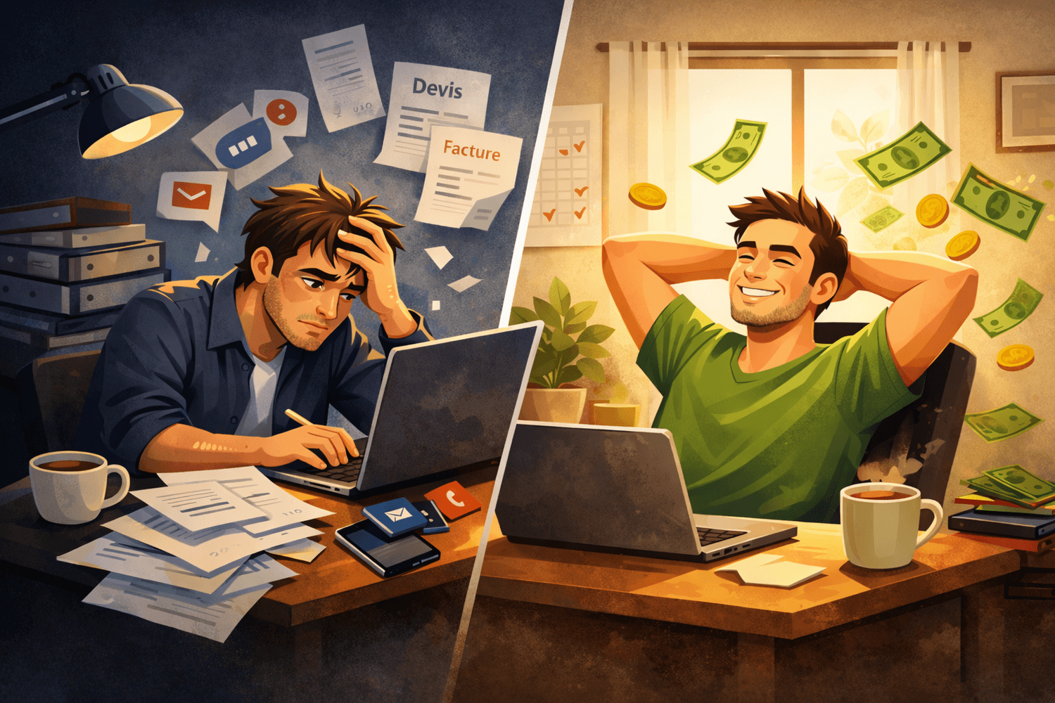 Avant / Après : freelance débordé vs freelance qui sécurise son cash grâce à un système structuré