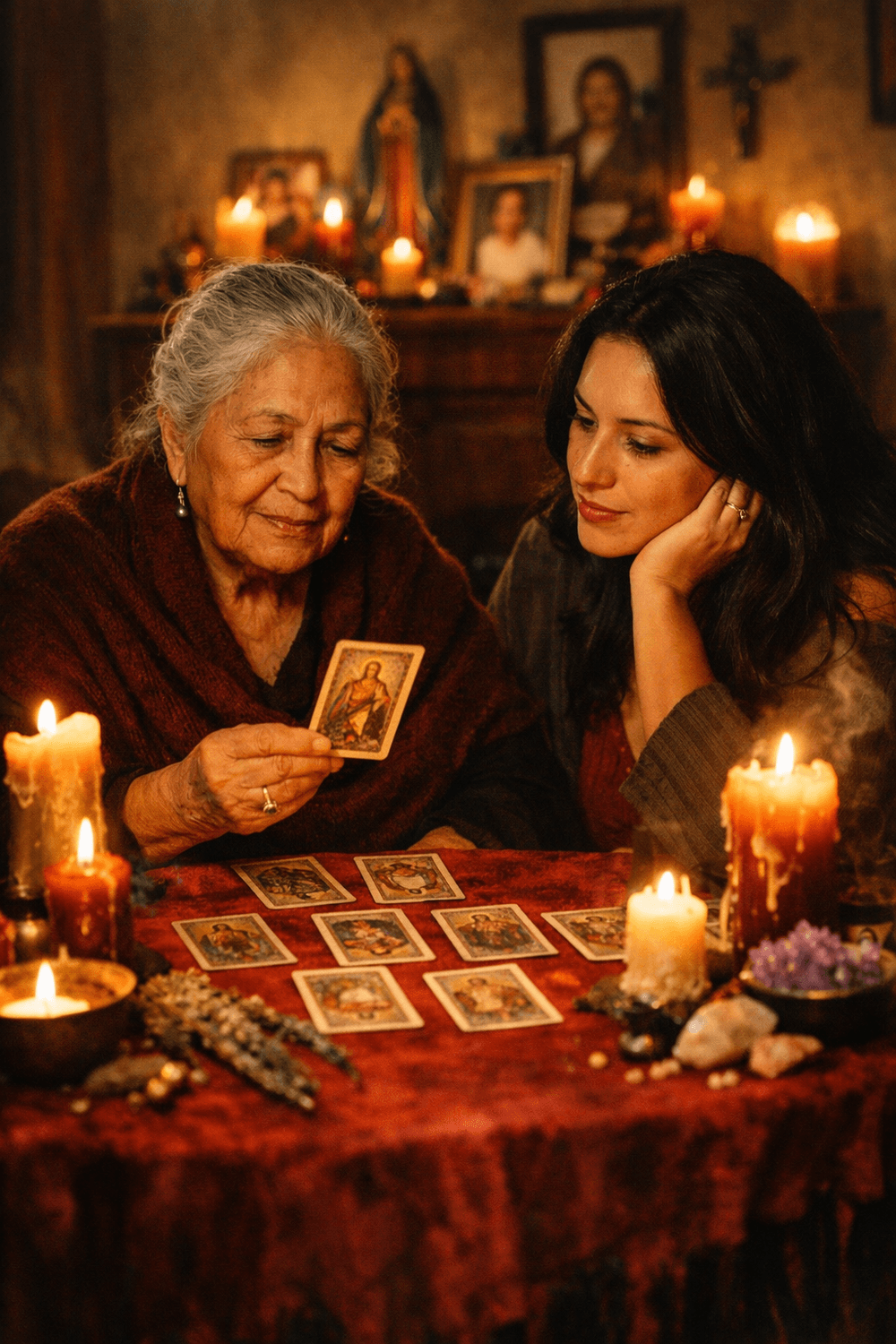 Doña Elena y Gabriela realizando lectura de tarot