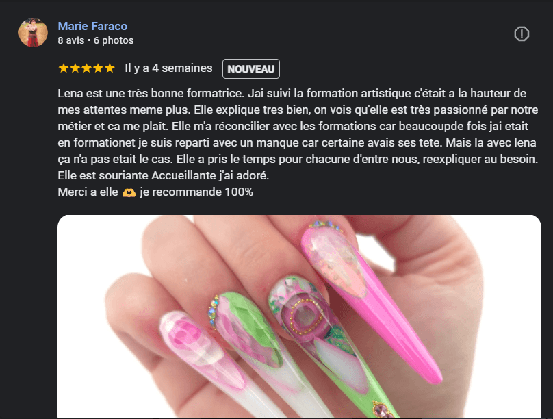 Avis Google d’élèves sur les formations onglerie Lenailsberthou à Albi, centre situé à Puygouzon