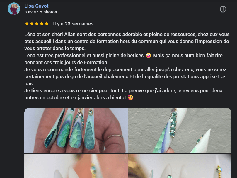 Avis Google d’une élève sur les formations onglerie Lenailsberthou à Albi, centre situé à Puygouzon
