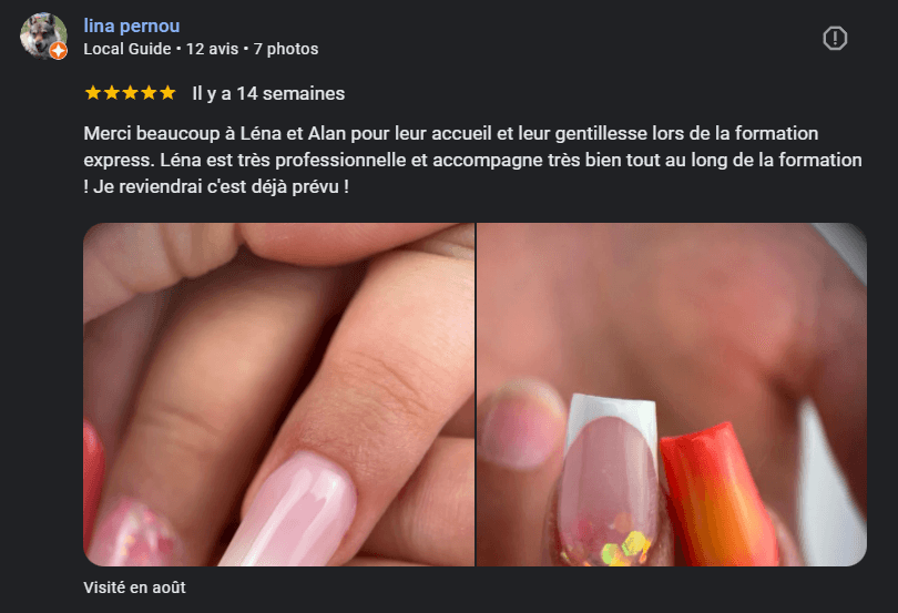 Avis Google d’une élève sur la formation Express Lenailsberthou à Albi, centre de formation onglerie situé à Puygouzon