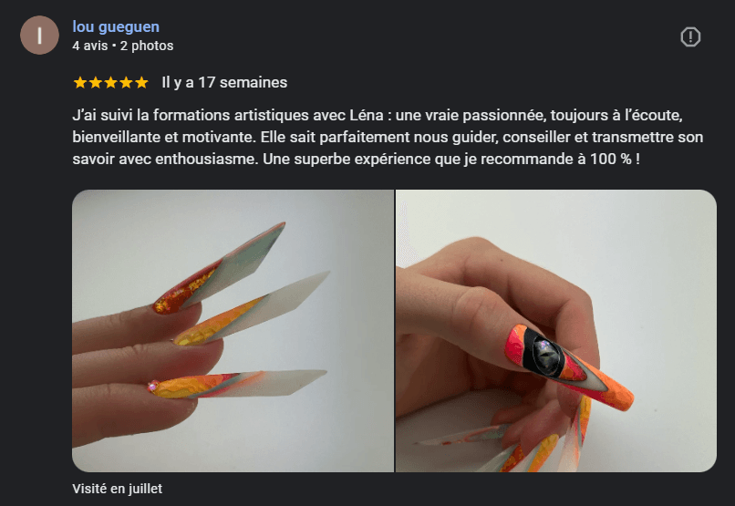 Avis Google d’élèves sur les formations onglerie Lenailsberthou à Albi, centre situé à Puygouzon