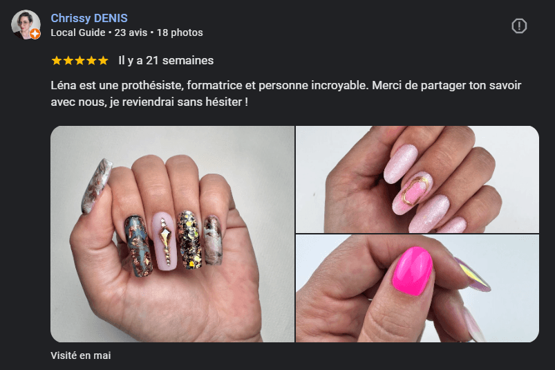 Avis Google d’élèves sur les formations onglerie Lenailsberthou à Albi, centre situé à Puygouzon
