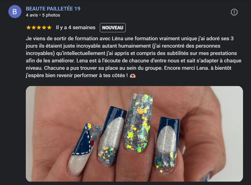 Avis Google d’élèves sur les formations onglerie Lenailsberthou à Albi, centre situé à Puygouzon