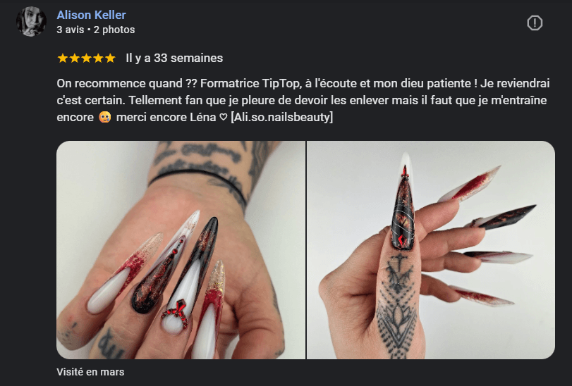 Avis Google d’élèves sur les formations onglerie Lenailsberthou à Albi, centre situé à Puygouzon