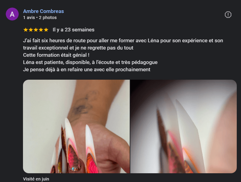 Avis Google d’élèves sur les formations onglerie Lenailsberthou à Albi, centre situé à Puygouzon