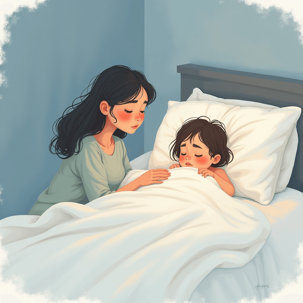 Tired mom dealing with child leaving bed repeatedly