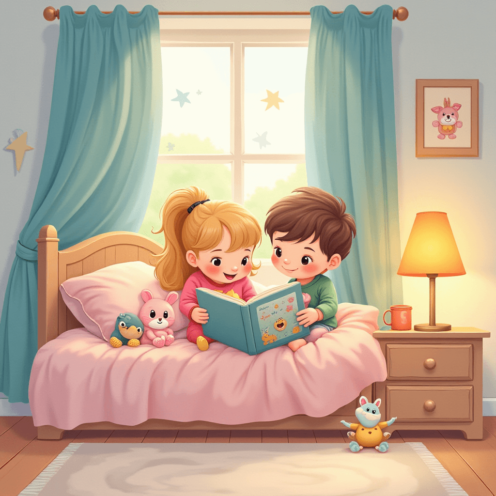 Children reading bedtime storybooks with parent, promoting calm bedtime habits