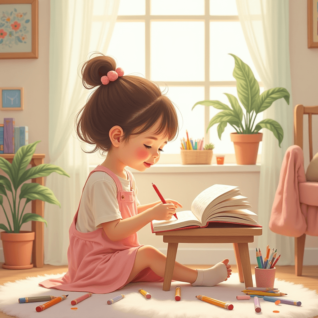 Child enjoying a calming coloring activity in a cozy playroom